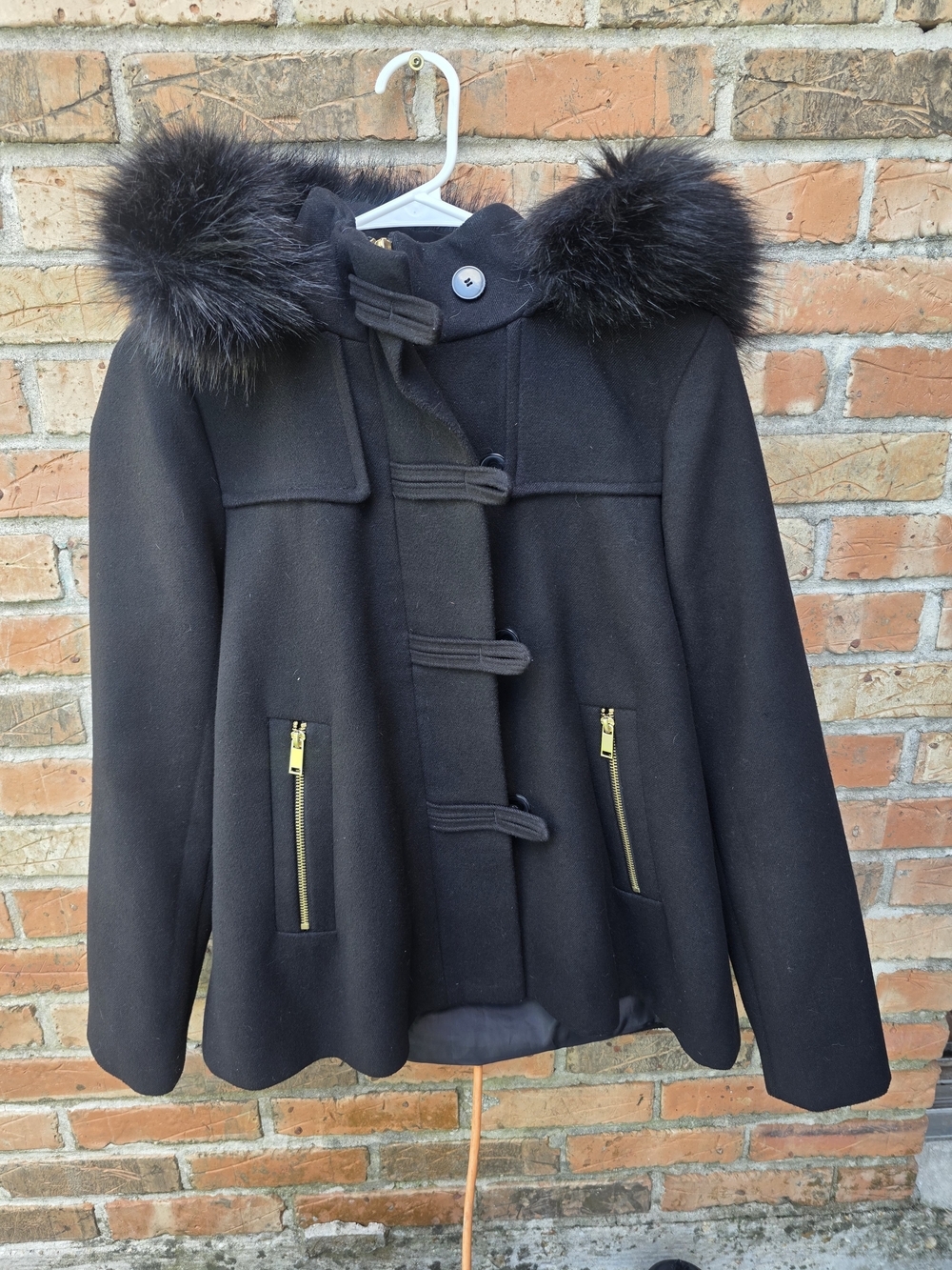 Zara Black Faux Fur-Trim Toggle Pea Coat
